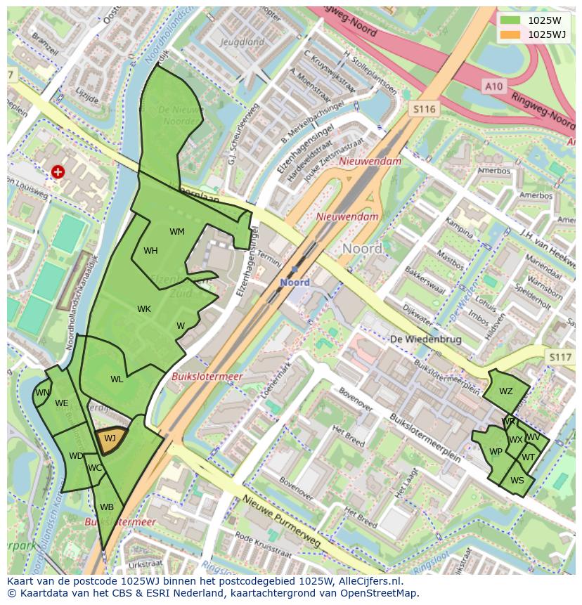Afbeelding van het postcodegebied 1025 WJ op de kaart.