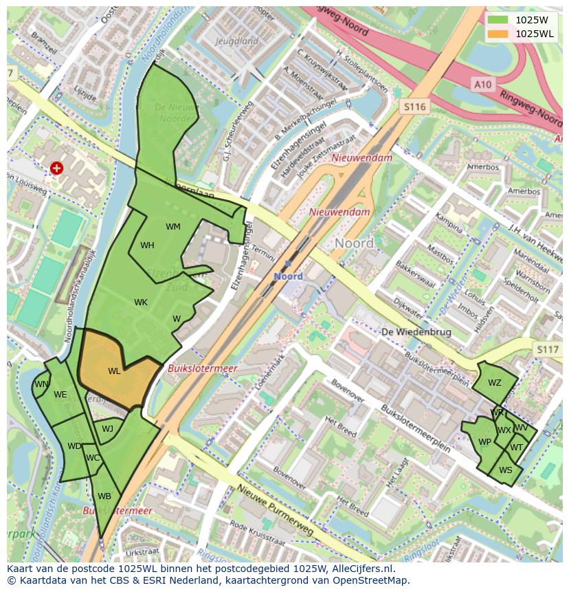 Afbeelding van het postcodegebied 1025 WL op de kaart.