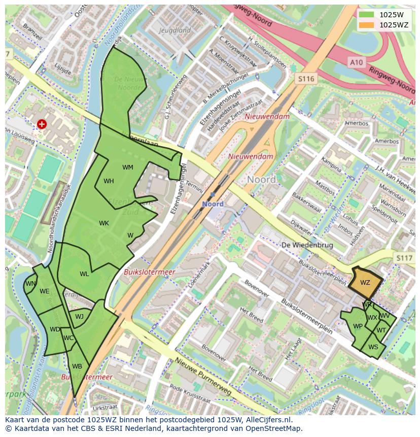 Afbeelding van het postcodegebied 1025 WZ op de kaart.