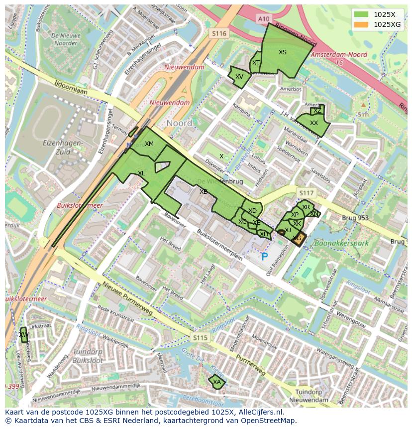 Afbeelding van het postcodegebied 1025 XG op de kaart.