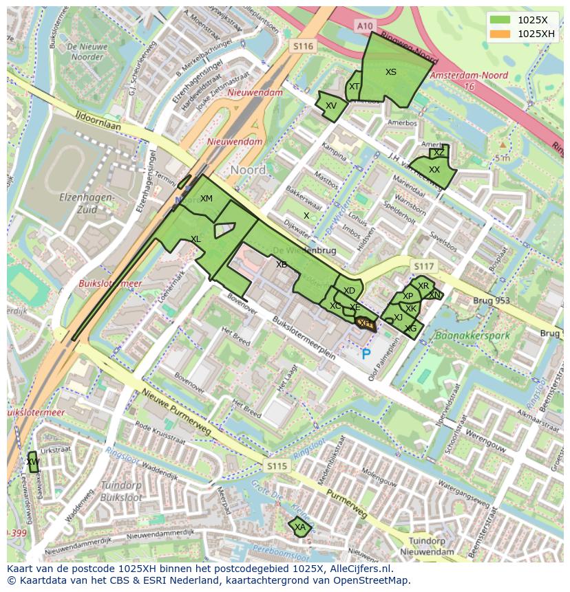 Afbeelding van het postcodegebied 1025 XH op de kaart.