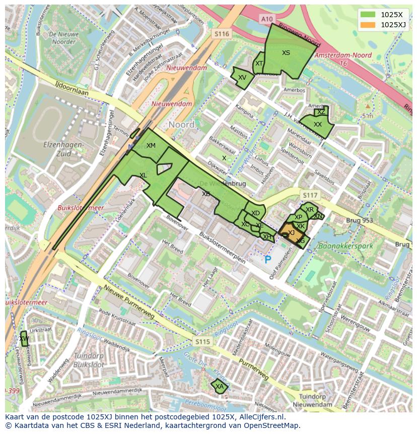 Afbeelding van het postcodegebied 1025 XJ op de kaart.
