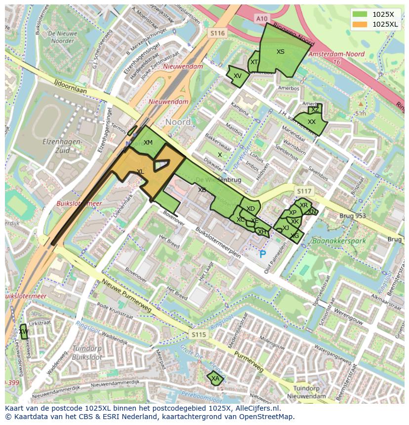 Afbeelding van het postcodegebied 1025 XL op de kaart.
