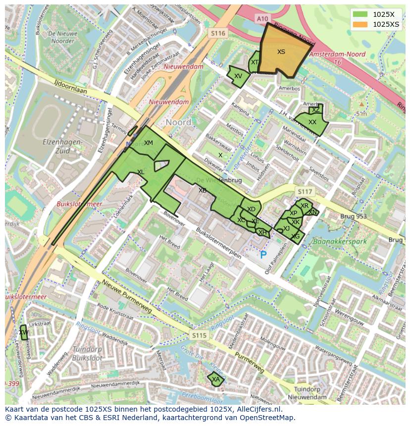 Afbeelding van het postcodegebied 1025 XS op de kaart.