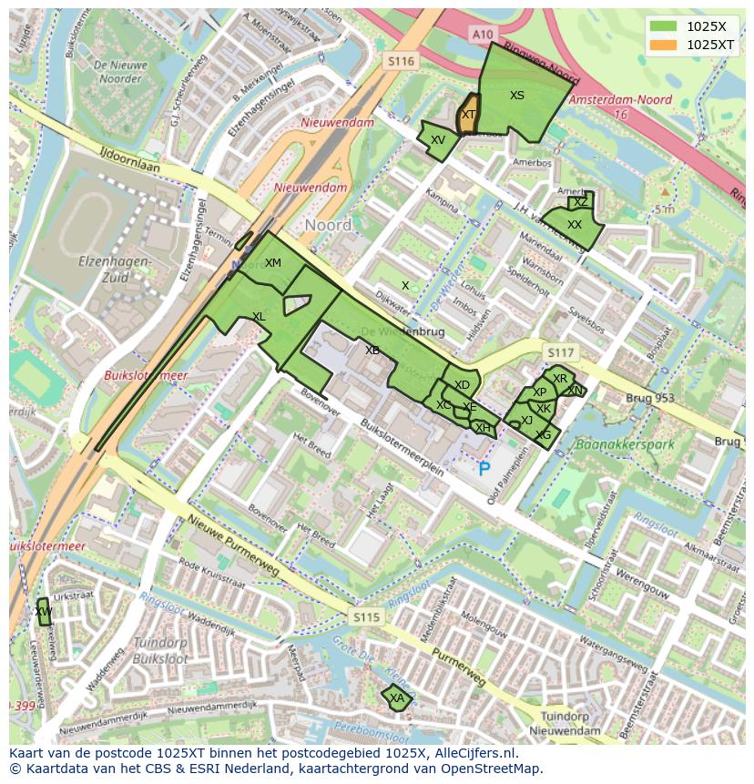 Afbeelding van het postcodegebied 1025 XT op de kaart.
