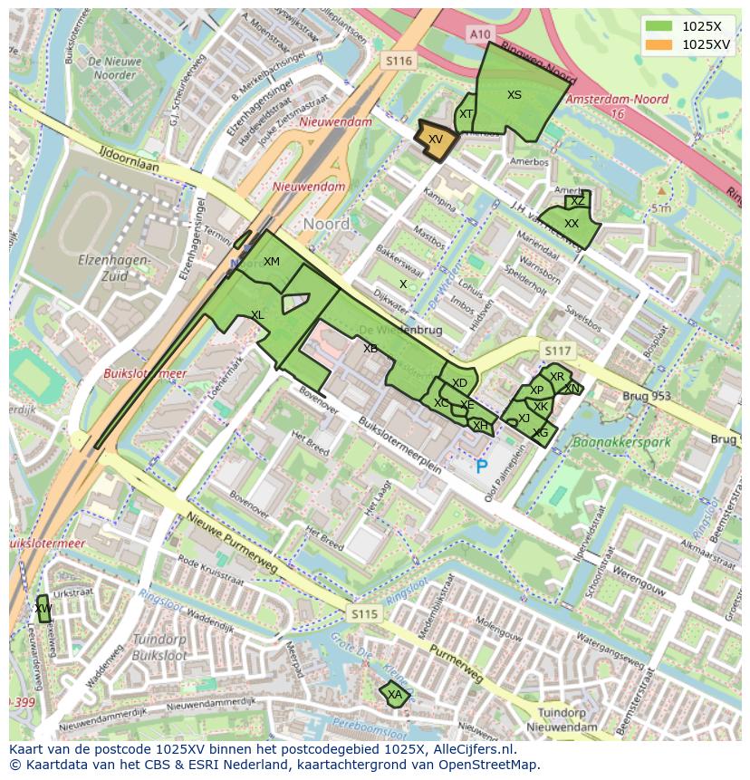 Afbeelding van het postcodegebied 1025 XV op de kaart.
