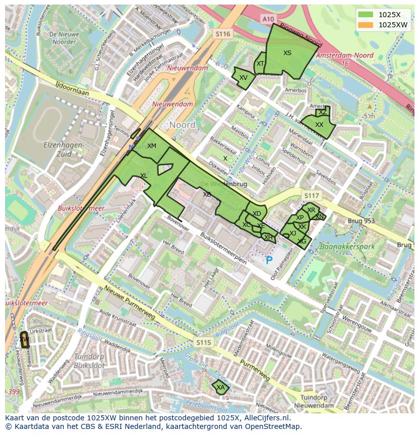 Afbeelding van het postcodegebied 1025 XW op de kaart.
