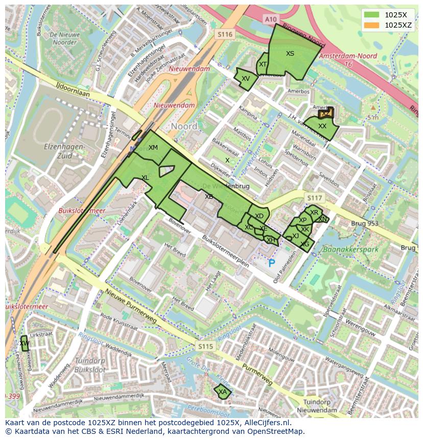 Afbeelding van het postcodegebied 1025 XZ op de kaart.