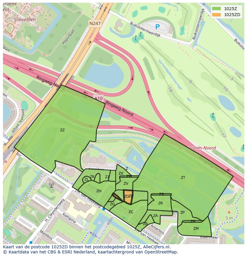 Afbeelding van het postcodegebied 1025 ZD op de kaart.
