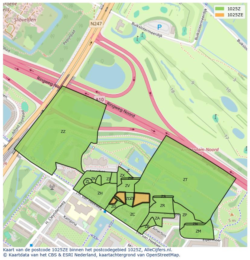 Afbeelding van het postcodegebied 1025 ZE op de kaart.