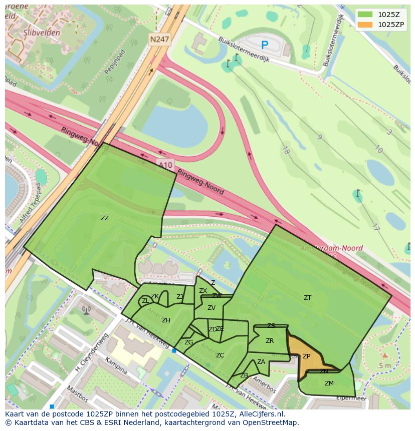 Afbeelding van het postcodegebied 1025 ZP op de kaart.