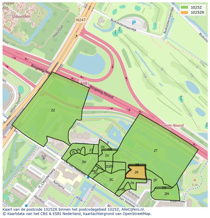 Afbeelding van het postcodegebied 1025 ZR op de kaart.