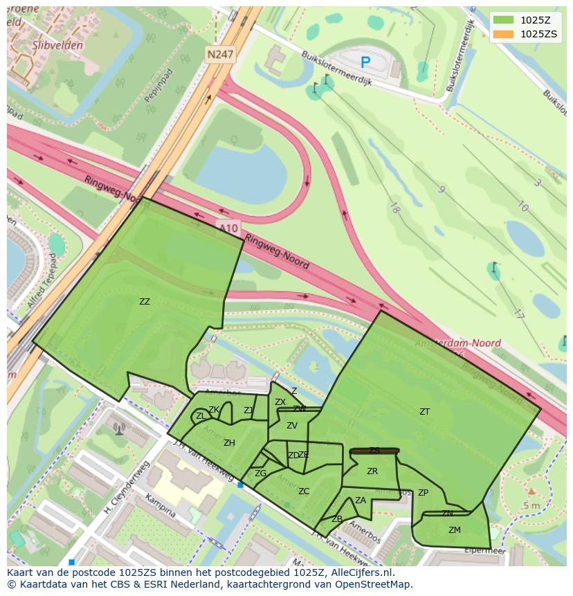 Afbeelding van het postcodegebied 1025 ZS op de kaart.
