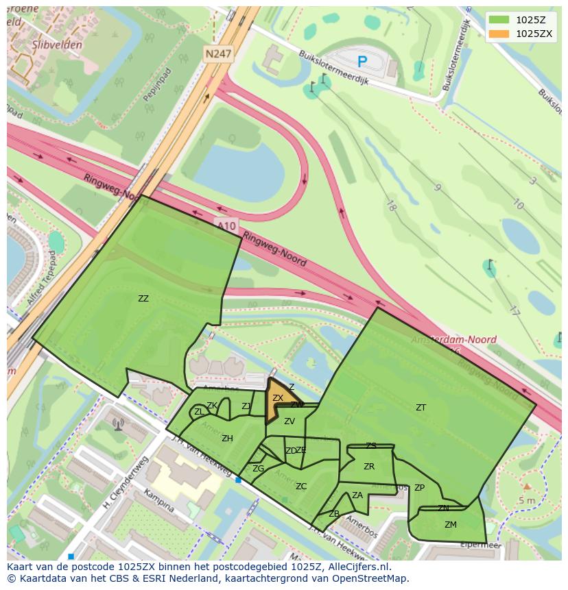 Afbeelding van het postcodegebied 1025 ZX op de kaart.