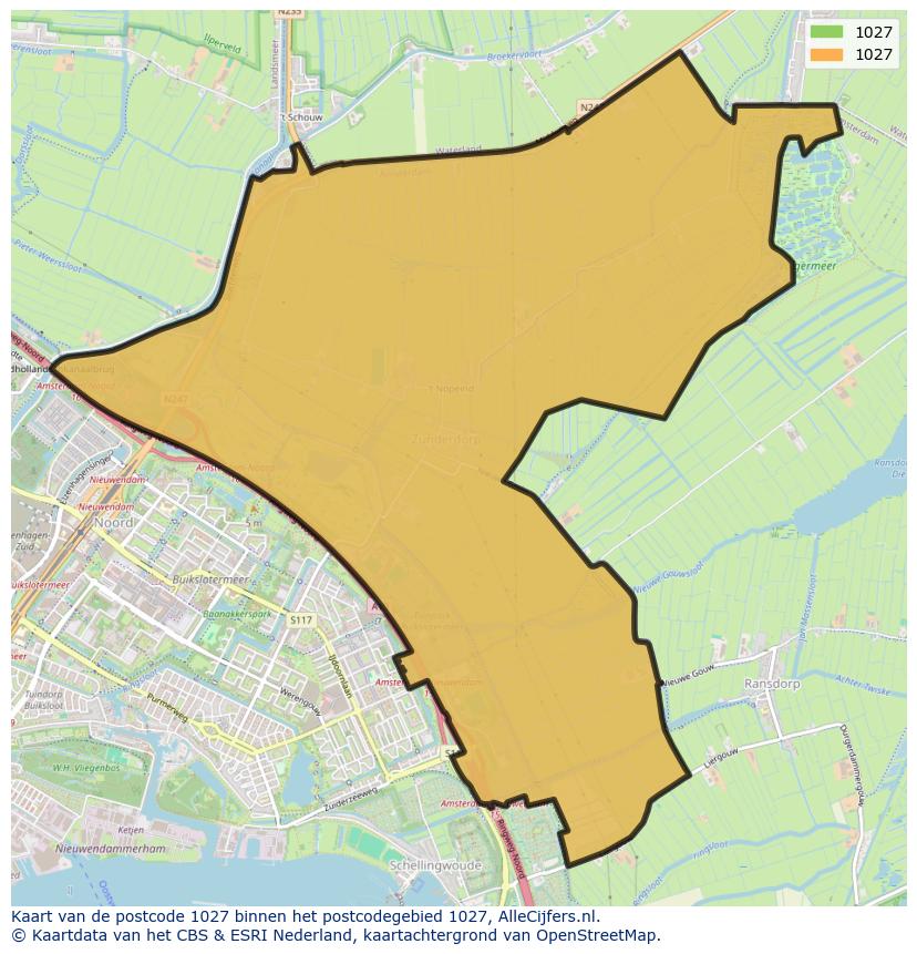Afbeelding van het postcodegebied 1027 op de kaart.