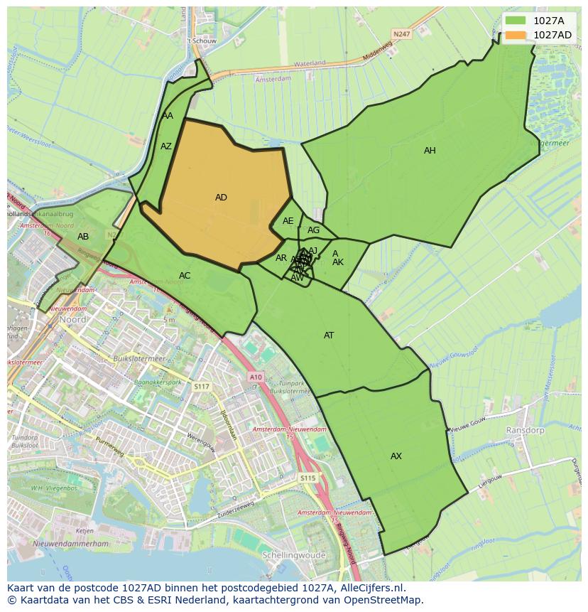 Afbeelding van het postcodegebied 1027 AD op de kaart.