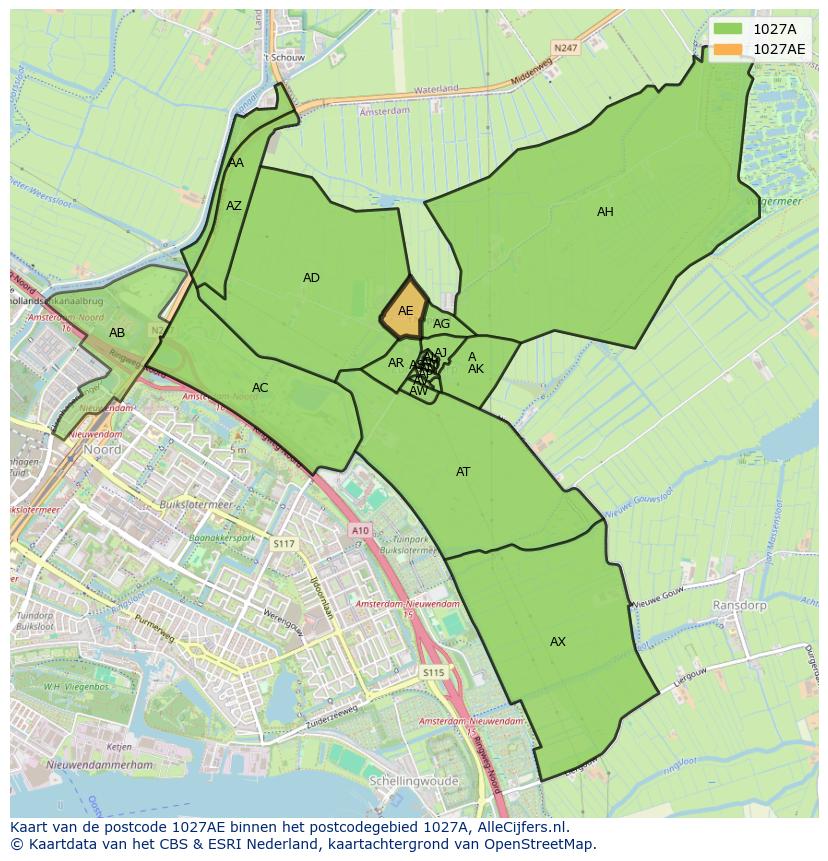 Afbeelding van het postcodegebied 1027 AE op de kaart.