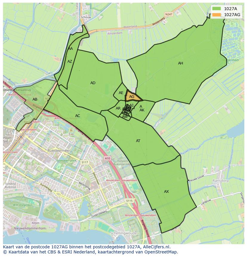 Afbeelding van het postcodegebied 1027 AG op de kaart.