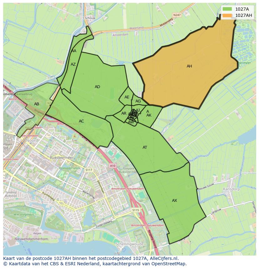 Afbeelding van het postcodegebied 1027 AH op de kaart.