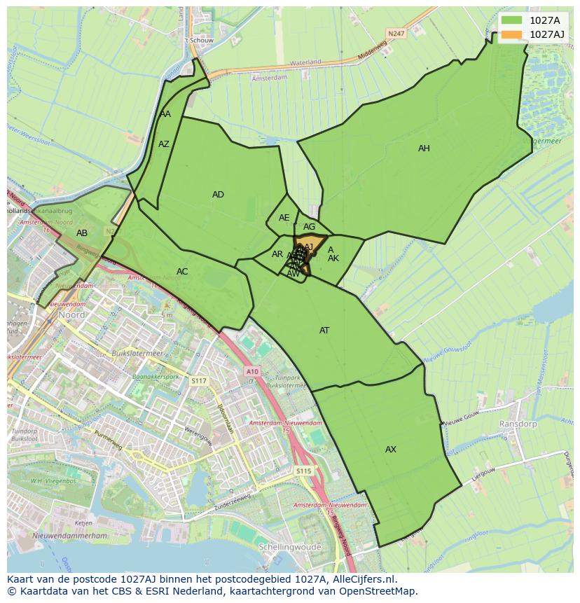 Afbeelding van het postcodegebied 1027 AJ op de kaart.