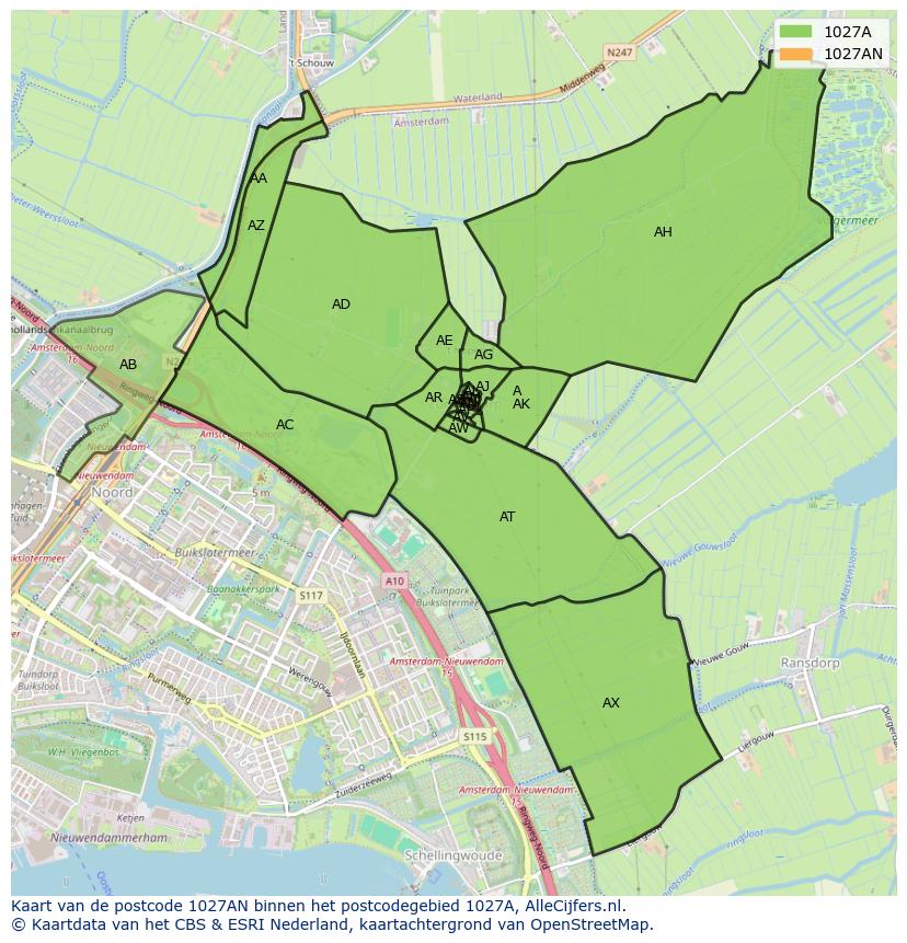 Afbeelding van het postcodegebied 1027 AN op de kaart.