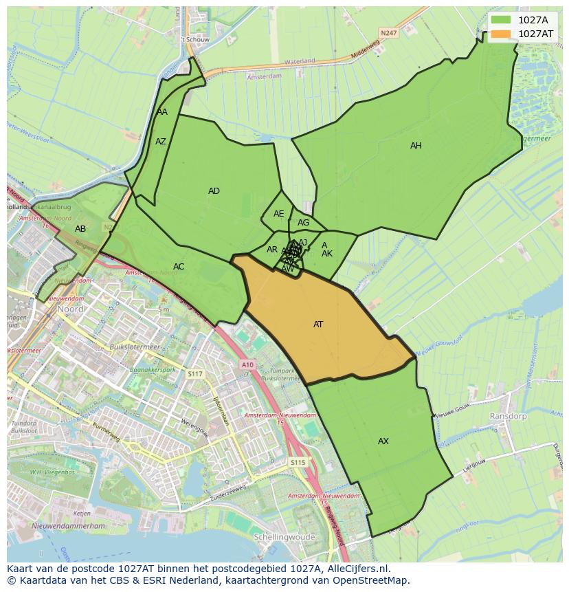 Afbeelding van het postcodegebied 1027 AT op de kaart.