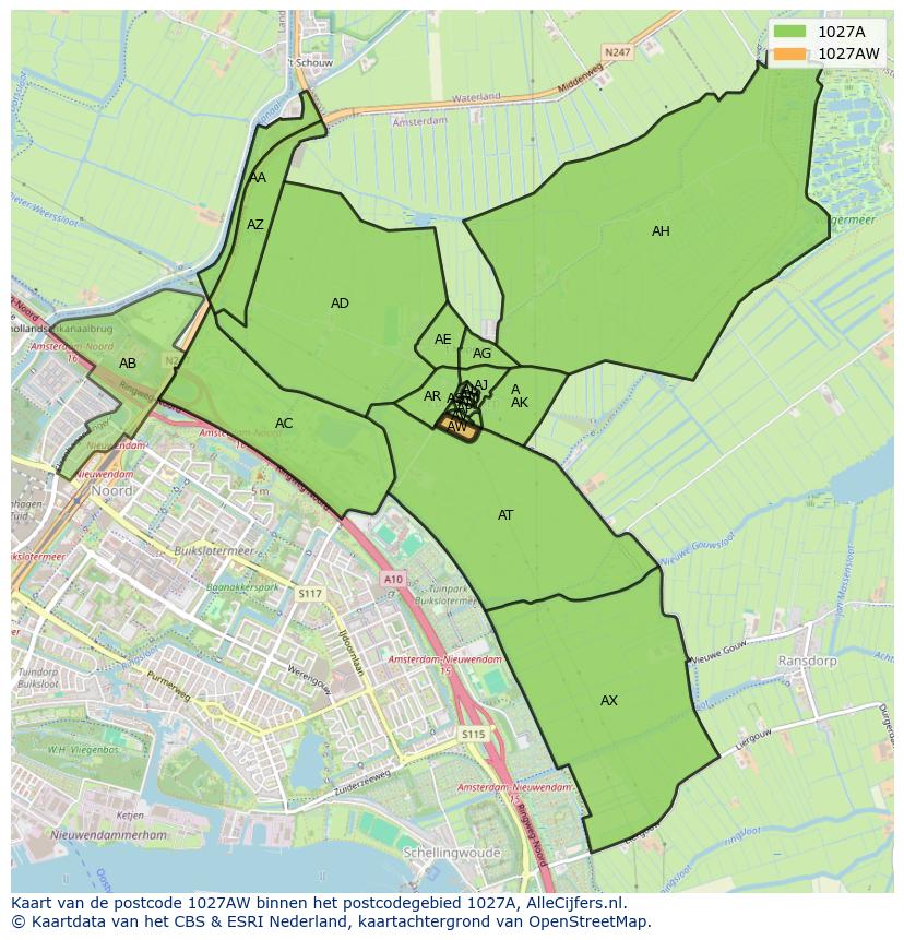 Afbeelding van het postcodegebied 1027 AW op de kaart.