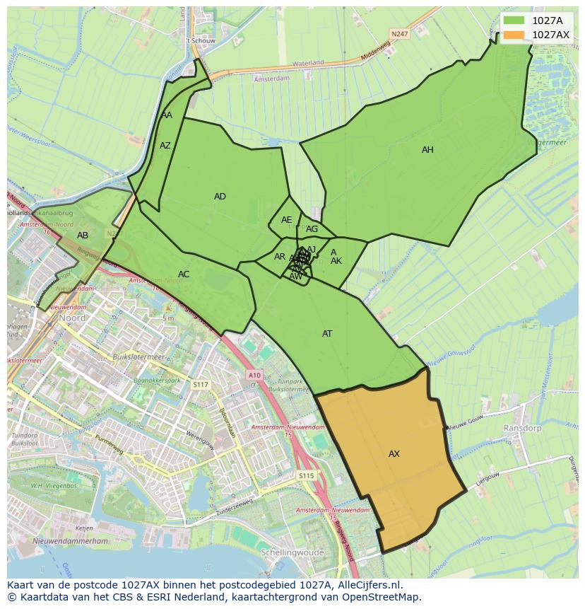 Afbeelding van het postcodegebied 1027 AX op de kaart.