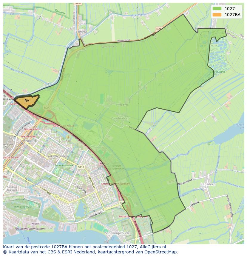 Afbeelding van het postcodegebied 1027 BA op de kaart.