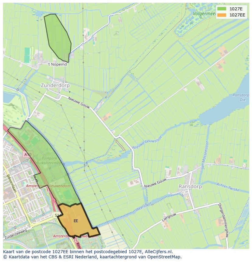 Afbeelding van het postcodegebied 1027 EE op de kaart.