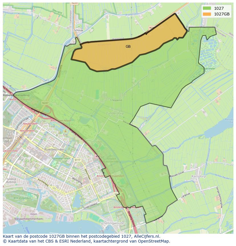 Afbeelding van het postcodegebied 1027 GB op de kaart.
