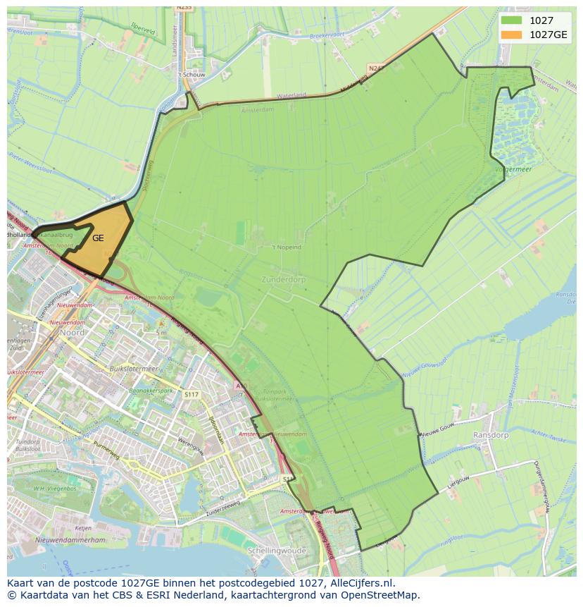 Afbeelding van het postcodegebied 1027 GE op de kaart.