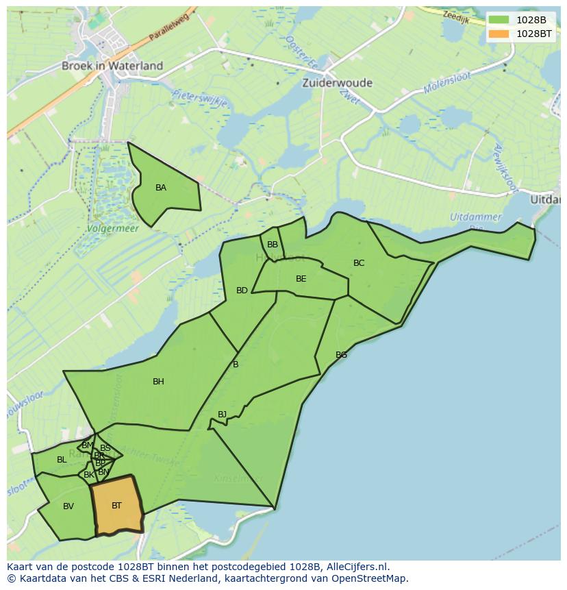 Afbeelding van het postcodegebied 1028 BT op de kaart.