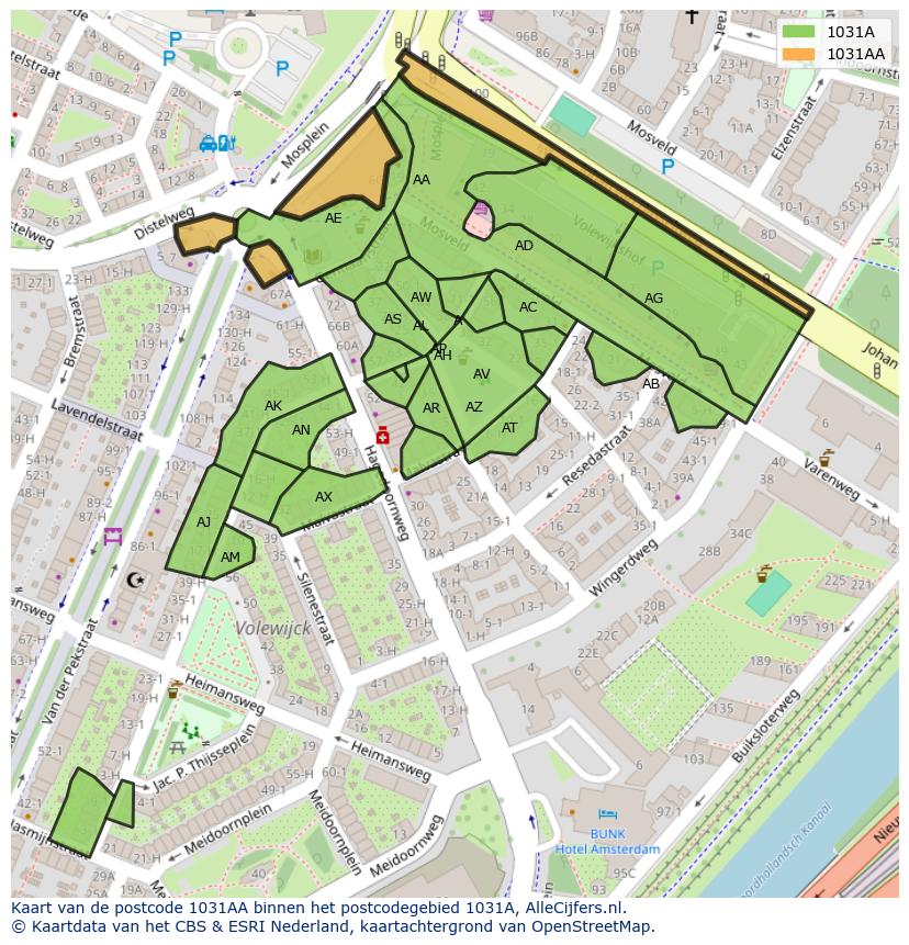 Afbeelding van het postcodegebied 1031 AA op de kaart.