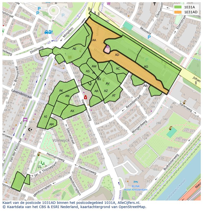 Afbeelding van het postcodegebied 1031 AD op de kaart.