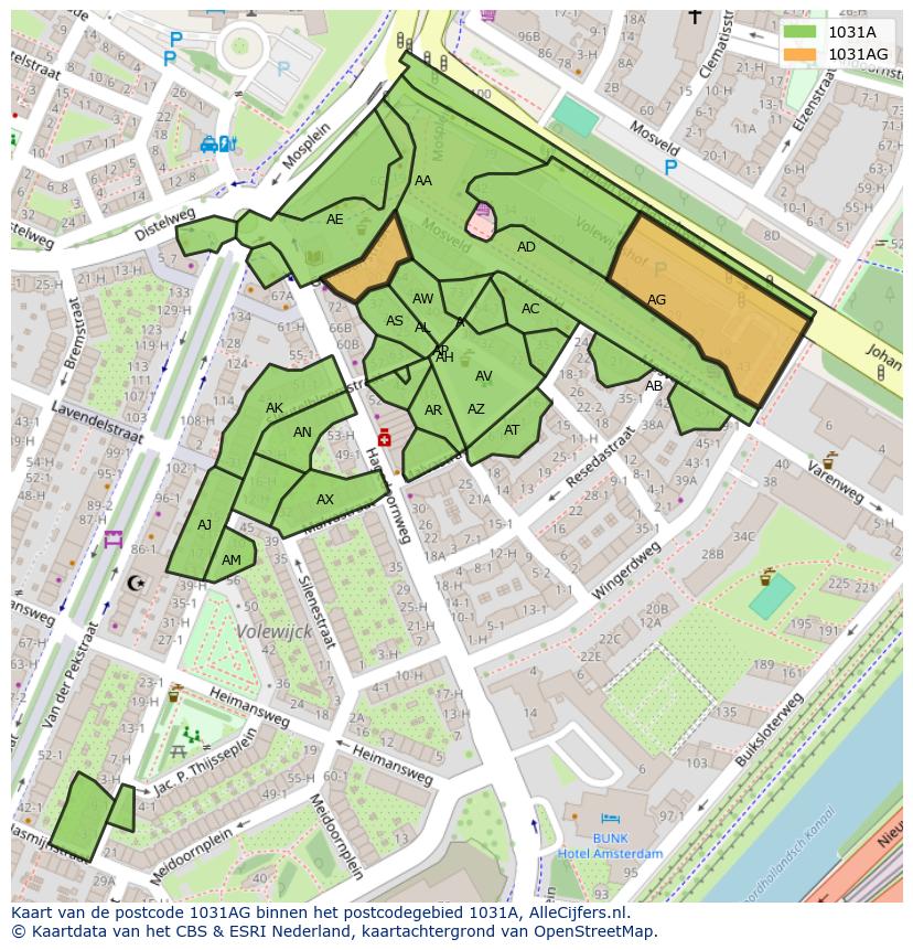 Afbeelding van het postcodegebied 1031 AG op de kaart.