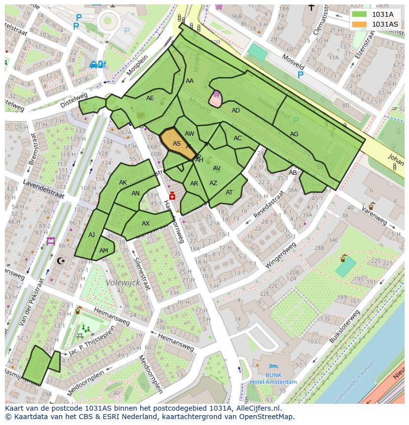 Afbeelding van het postcodegebied 1031 AS op de kaart.