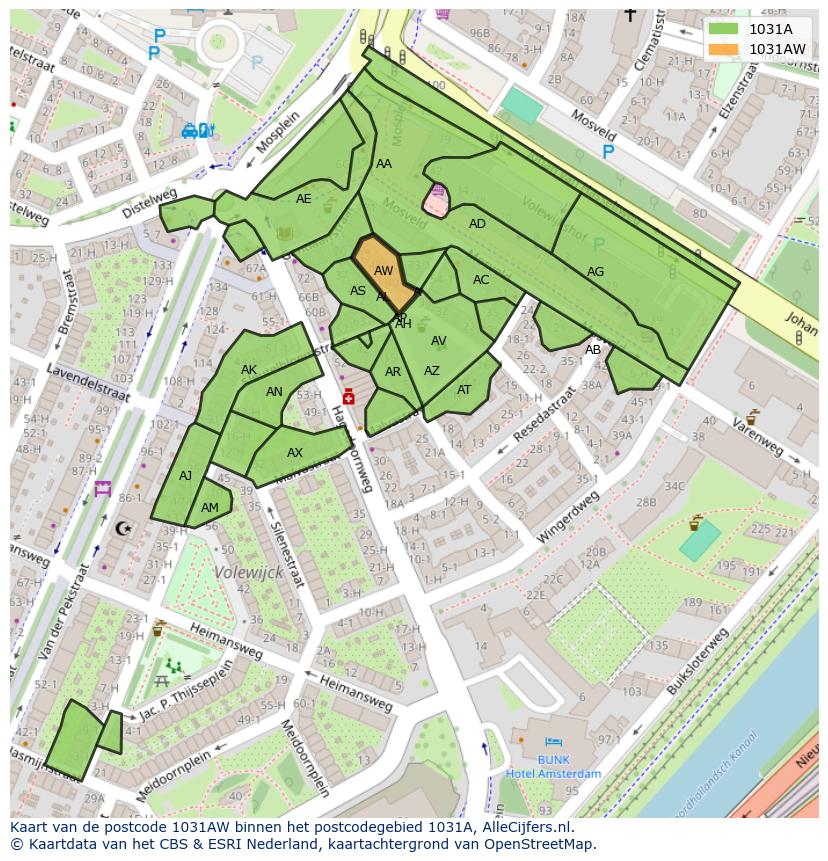 Afbeelding van het postcodegebied 1031 AW op de kaart.