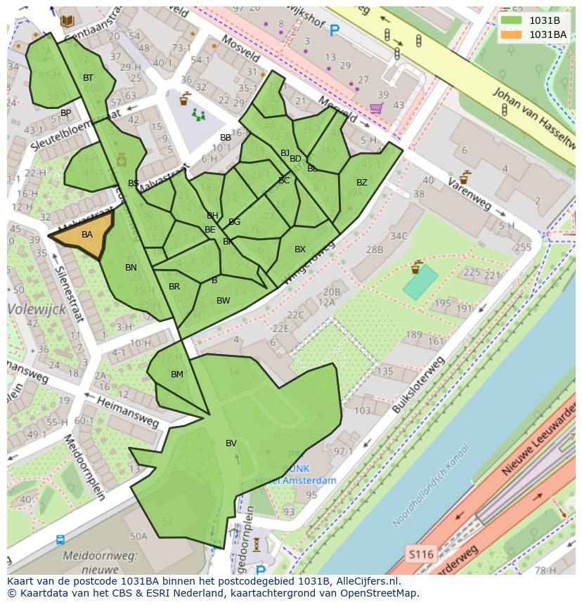 Afbeelding van het postcodegebied 1031 BA op de kaart.