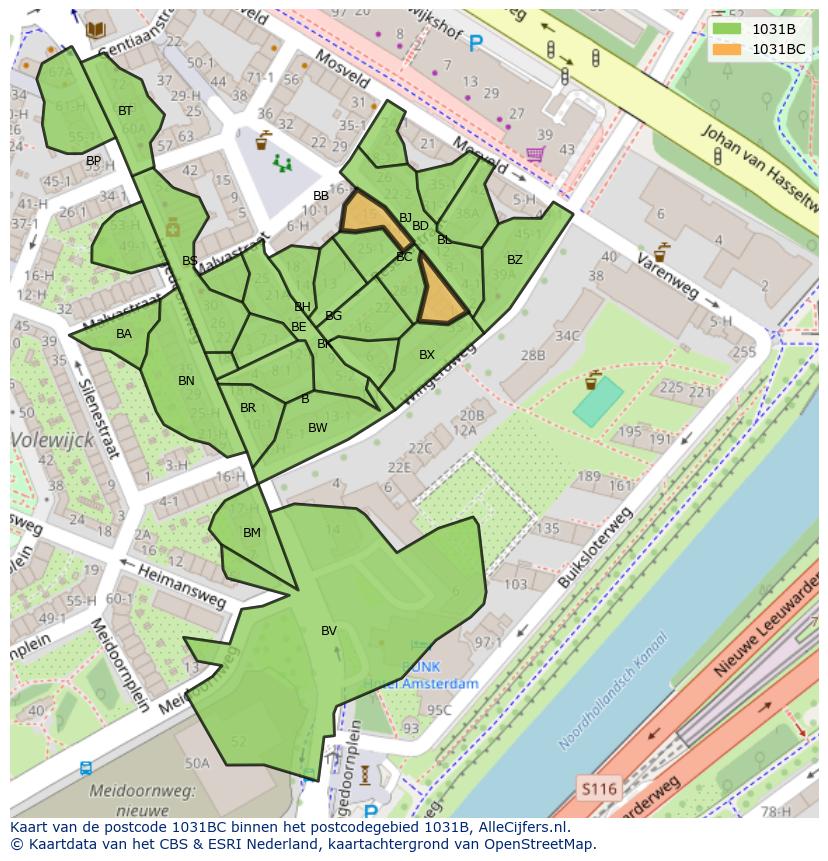 Afbeelding van het postcodegebied 1031 BC op de kaart.