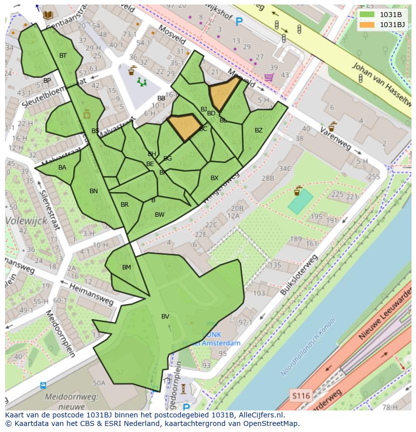 Afbeelding van het postcodegebied 1031 BJ op de kaart.
