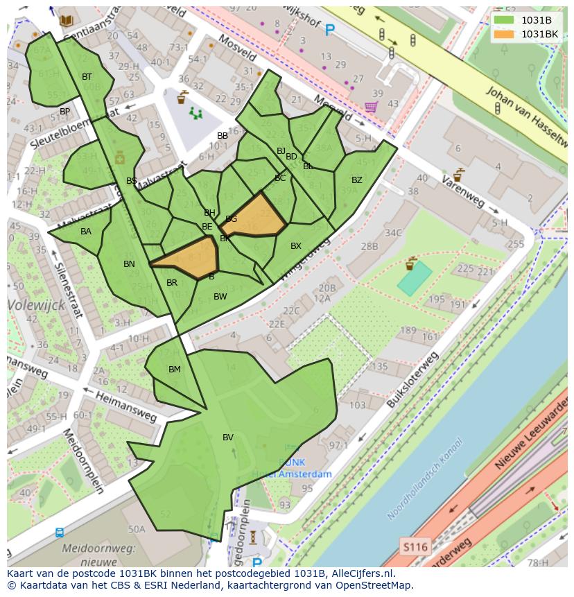 Afbeelding van het postcodegebied 1031 BK op de kaart.
