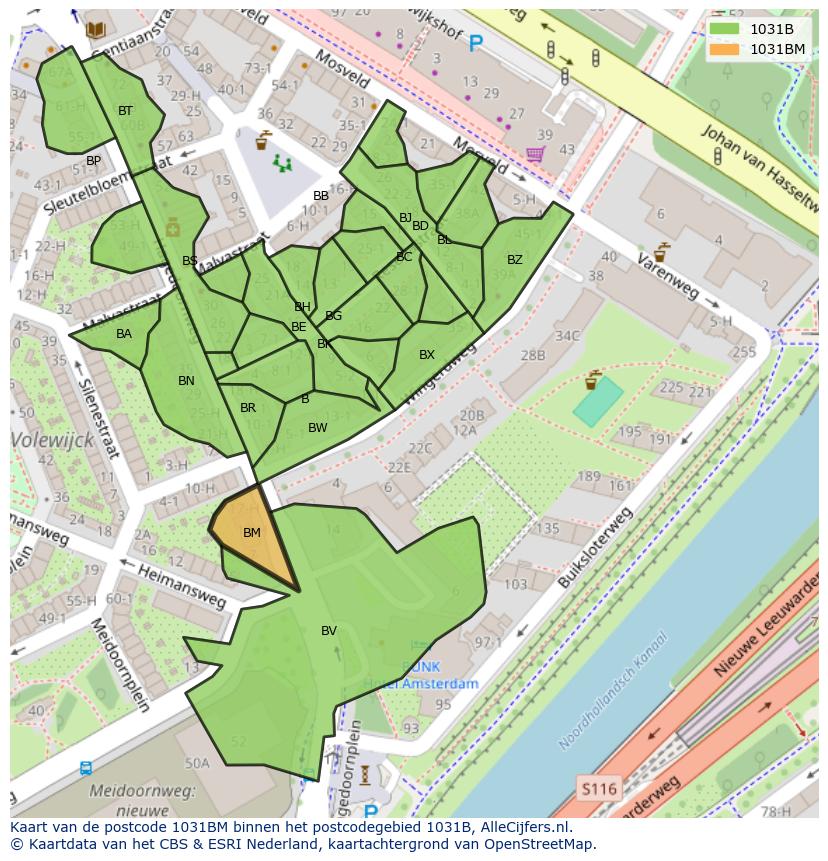 Afbeelding van het postcodegebied 1031 BM op de kaart.