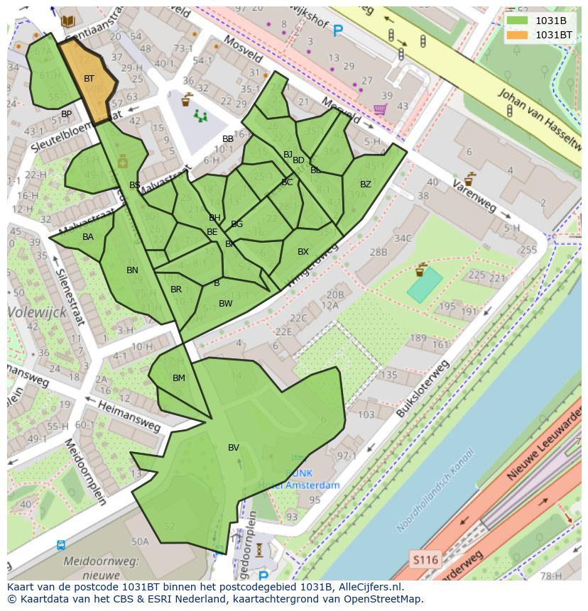 Afbeelding van het postcodegebied 1031 BT op de kaart.