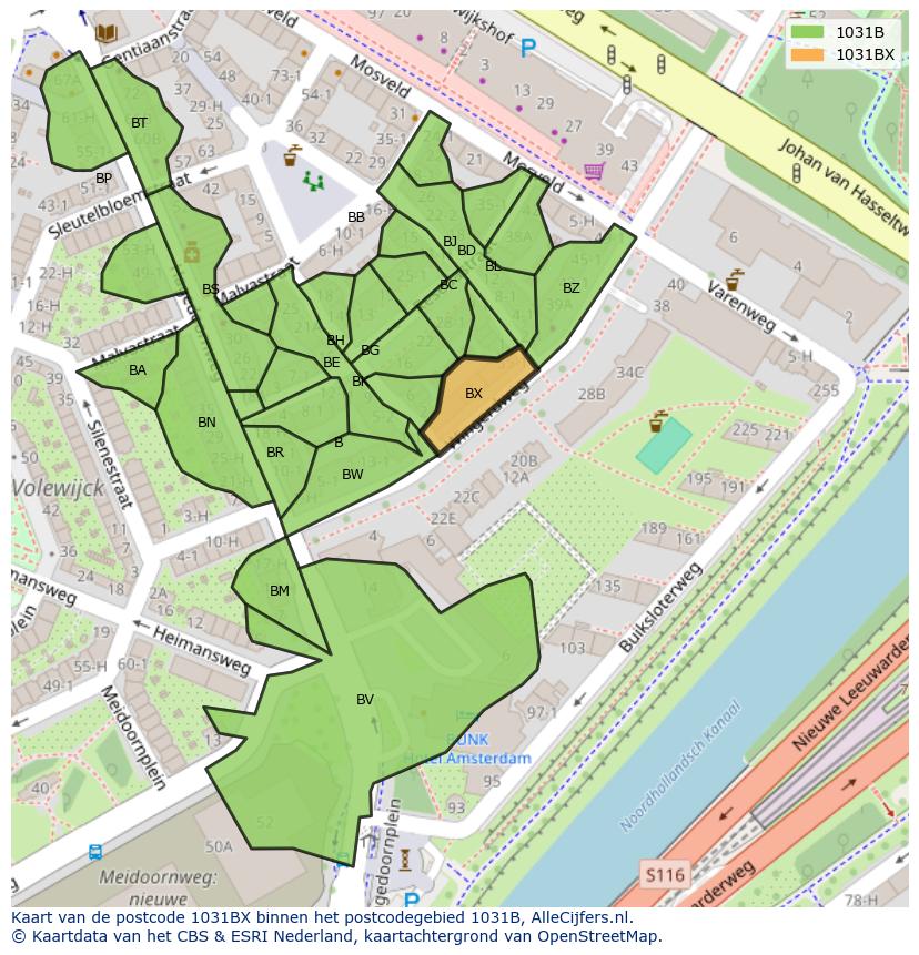 Afbeelding van het postcodegebied 1031 BX op de kaart.