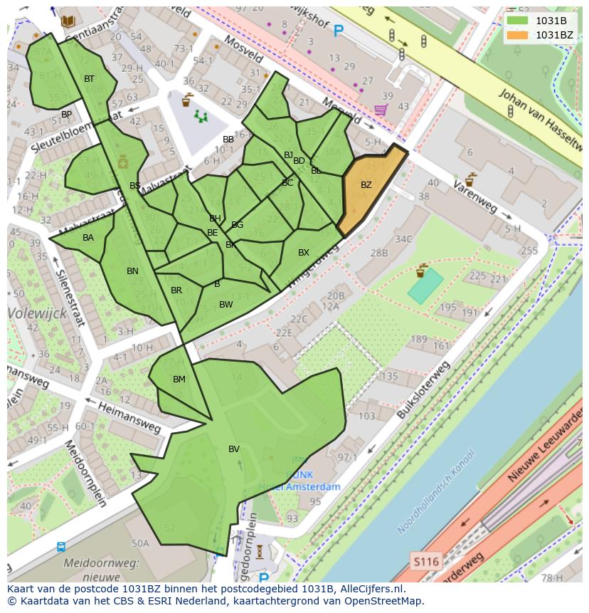 Afbeelding van het postcodegebied 1031 BZ op de kaart.