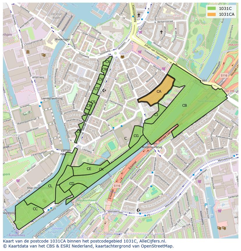 Afbeelding van het postcodegebied 1031 CA op de kaart.
