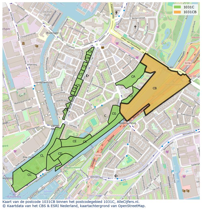 Afbeelding van het postcodegebied 1031 CB op de kaart.