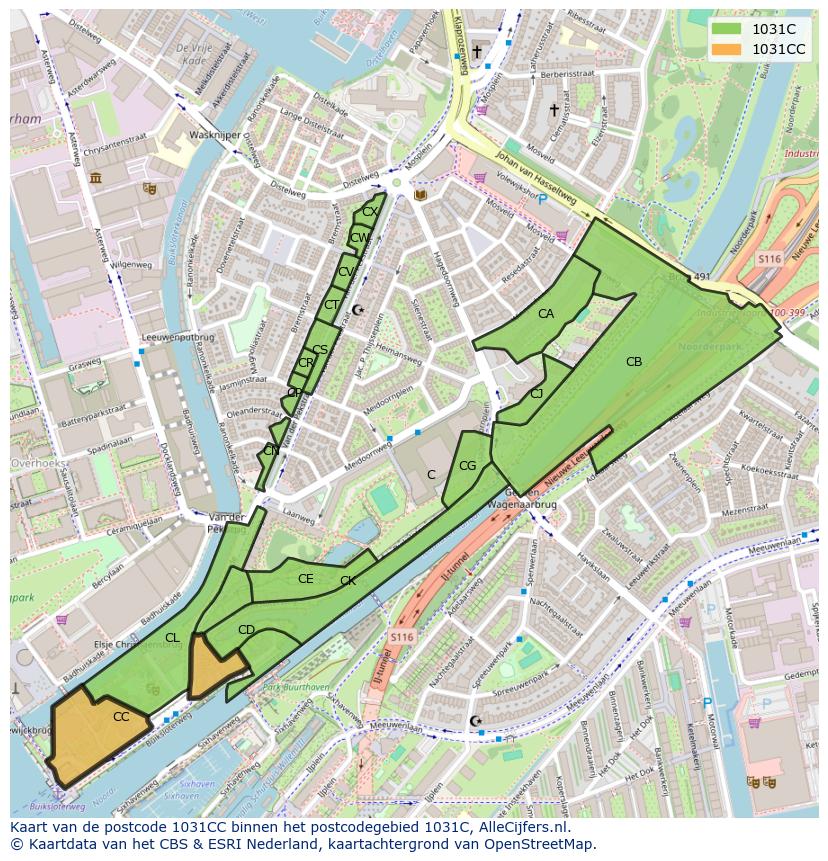 Afbeelding van het postcodegebied 1031 CC op de kaart.