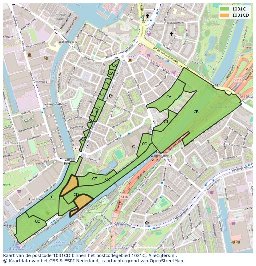 Afbeelding van het postcodegebied 1031 CD op de kaart.